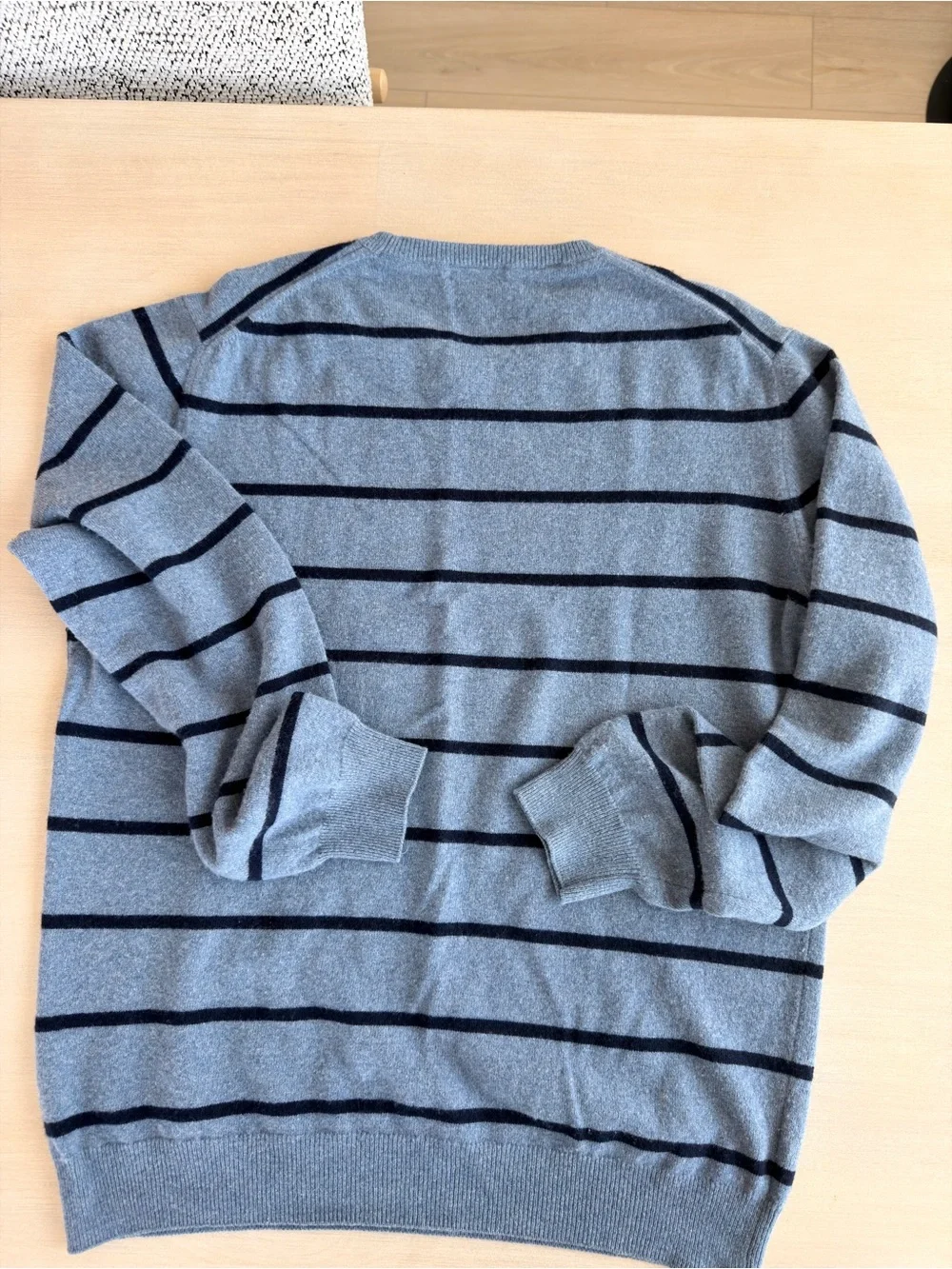 Saks Fifth Avenue Men's Light Blue Crewneck Sweater with Navy Stripes